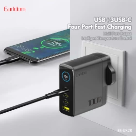 شاحن Earldom بقوة 100 واط مع تقنية USB-C PD – منفذ USB واحد + 3 منافذ Type-C