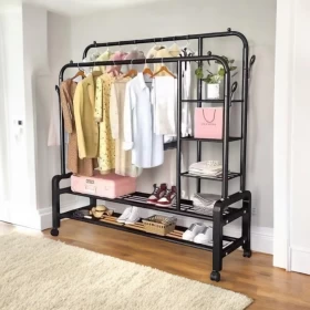 Portable Rolling Clothing Coat Organizer Rack with Bottom Rack-150cm