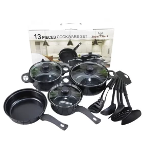 Non-Stick Cookware Set Black Iron Pots with Glass Lids | Durable & Stylish Kitchen Essential  13-Piece