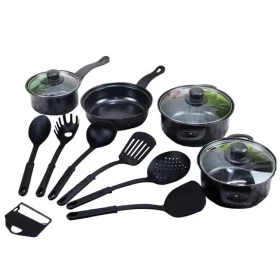Non-Stick Cookware Set Black Iron Pots with Glass Lids | Durable & Stylish Kitchen Essential  13-Piece